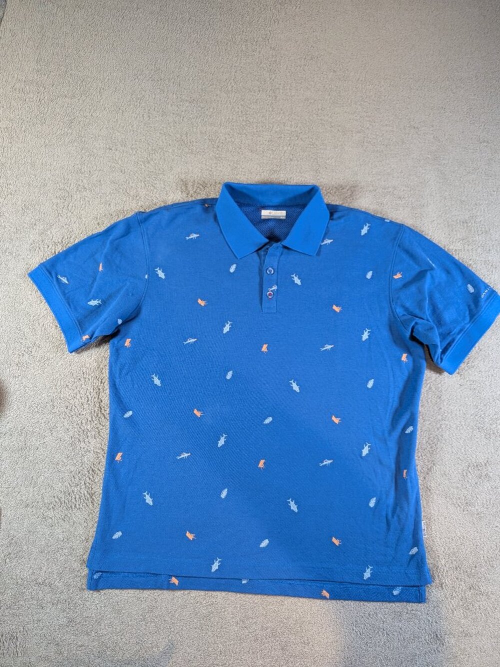 Columbia PFG Men's M Blue Fishing Polo Omni-Shade Breathable Marine Print